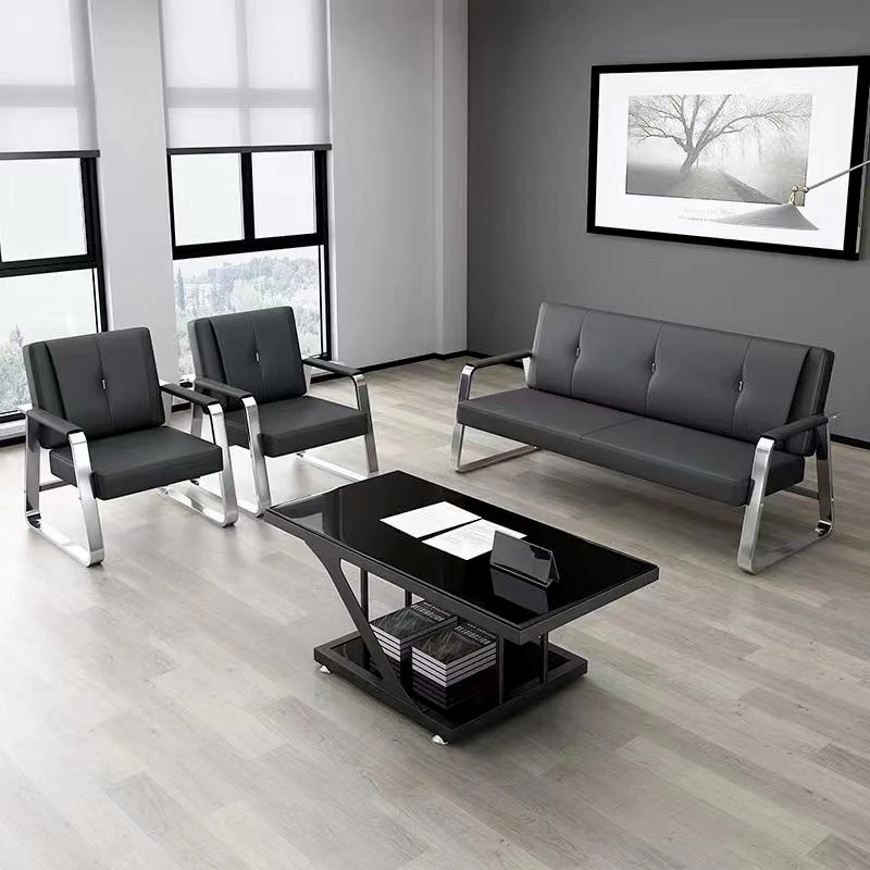 Executive Office Sofa – Light Grey PU Leather with Chrome Base set of 3+1+1
